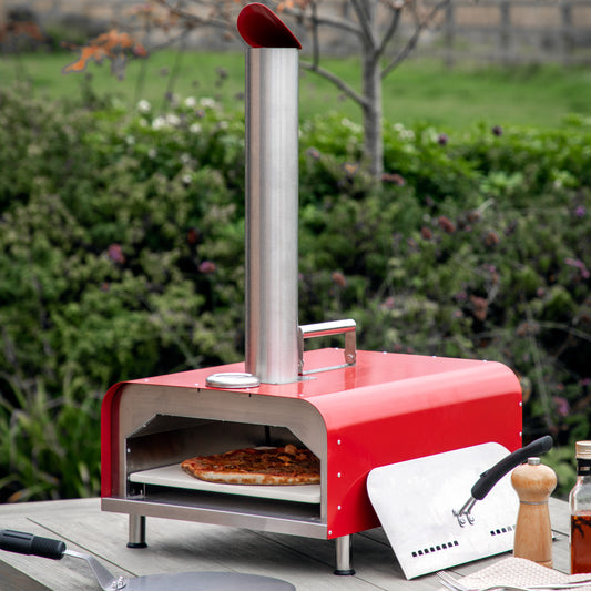 Gallery Garden Sassari Pizza Oven in Striking Red and Stainless Steel, with a ceramic tile pizza tray. Pellet fed, with a tall chimney for smoke management