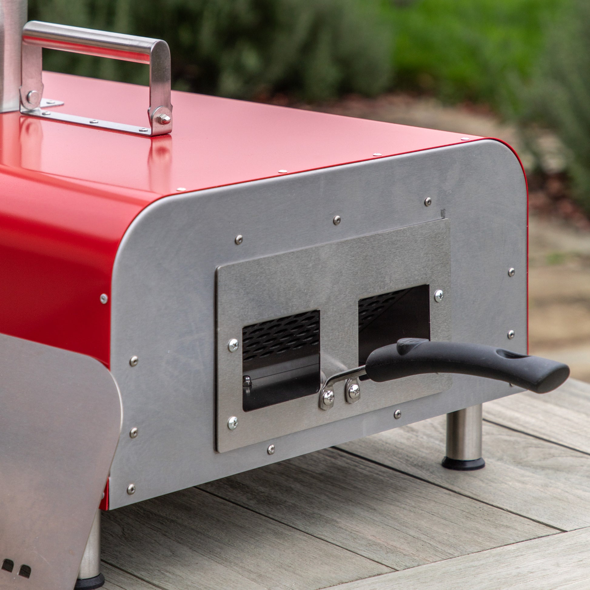 Gallery Garden Sassari Pellet Pizza Oven in Striking Red and stainless steel for outdoor cooking