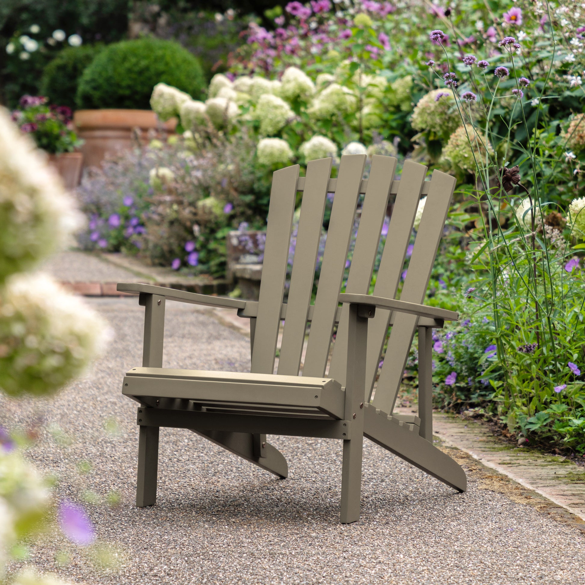 Gallery Garden Siena Adirondack style Lounge Chair in Grey painted acacia wood, with slatted seat and backrest