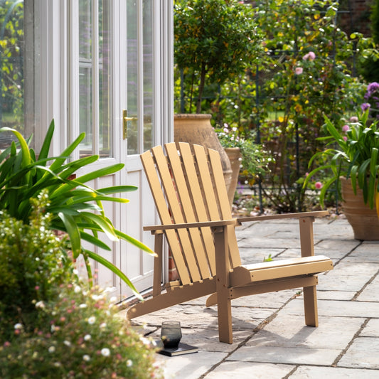 The Gallery Garden Siena Lounge Chair is crafter in an Adirondack style in a contemporary Pastry yellow colour palette, with slatted acacia wood seat and back rest