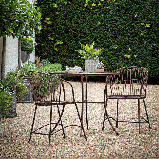 Gallery Garden Siracusa 2 Seater Bistro Set in Noir comprises of a round iron table and 2 matching curved back chairs 