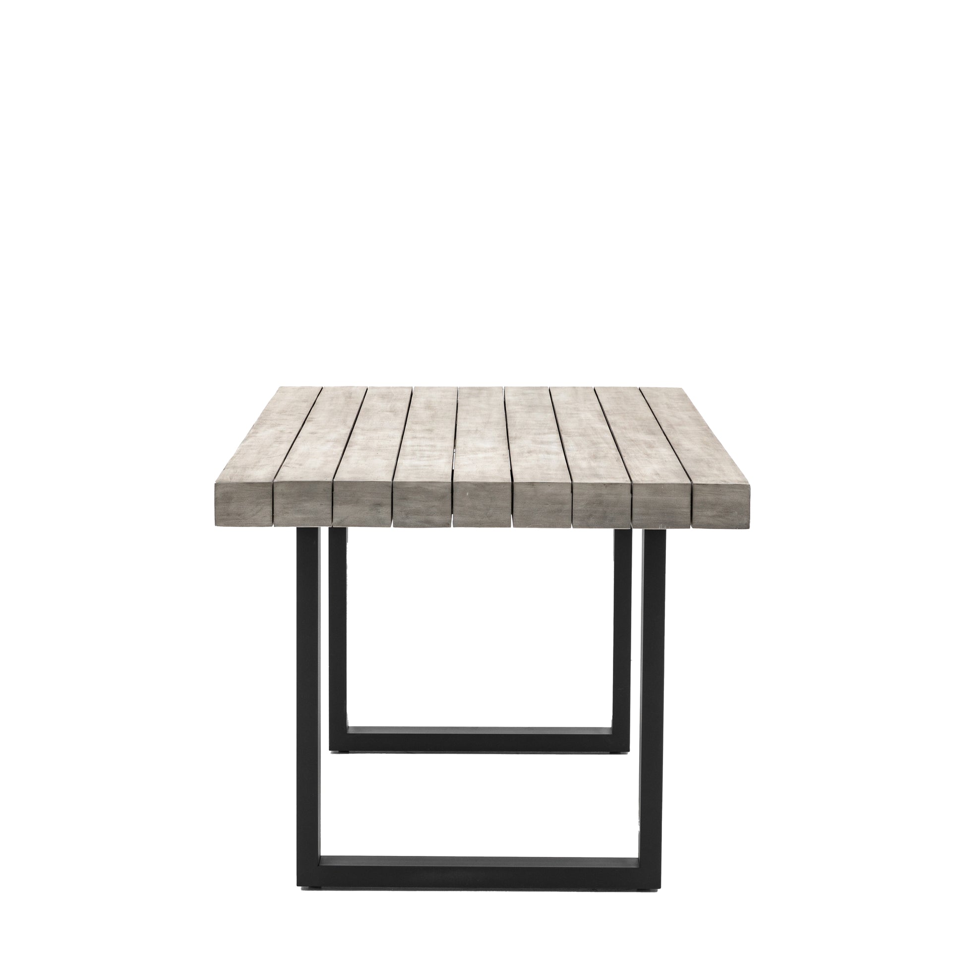 Gallery Garden Taranto Dining Table 6 Seater constructed from grey slatted acacia wood, with black powder coated iron U shaped legs