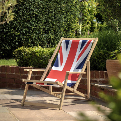Gallery Garden Deck Chair made from a lightweight but durable acacia wood frame and union jack fabric seat, featuring 3 reclining positions and integrated armrests