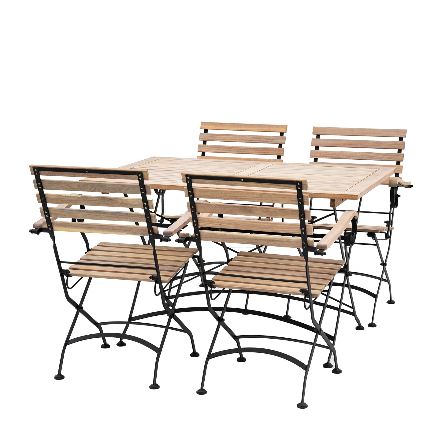 Gallery Garden Valetta Folding Dining Set comprises of a rectangular acacia wood table with folding metal legs and 4 matching armchairs 