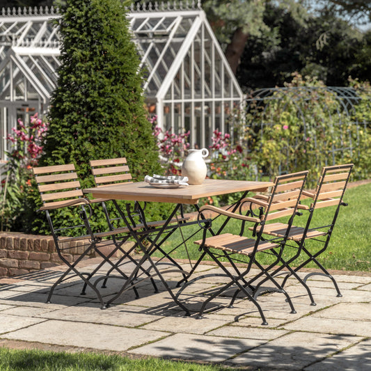 Gallery Garden Valetta Folding Dining Set features a rectangular table with metal folding legs and 4 matching chairs with slatted seat and backrest, and metal folding frame