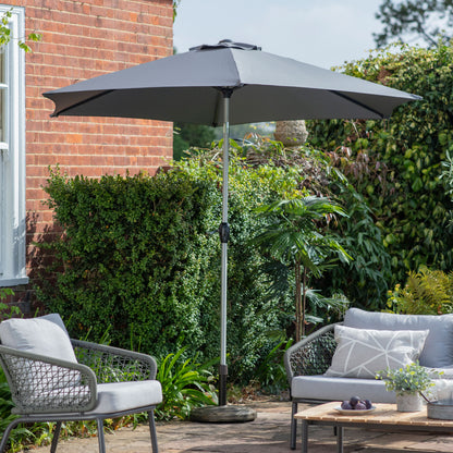 Gallery Garden Vazzano parasol measures 2.7m in Grey fabric with an aluminium frame, winding handle for easy open and closing plus a tile and crank mechanism