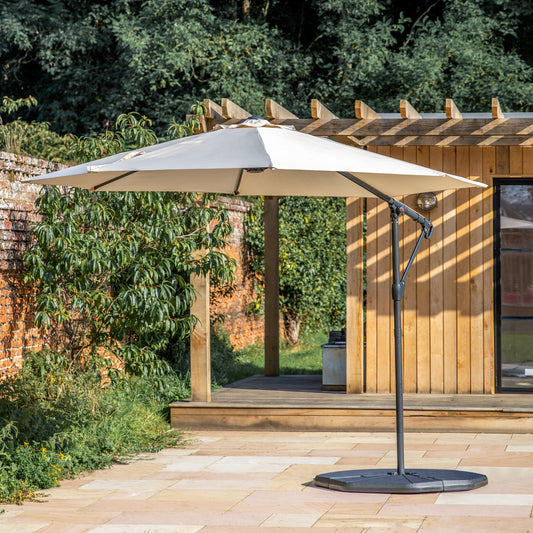 Gallery Garden Vazzano 3m Cantilever Parasol in Cream has a durable aluminium frame with a push button cantilever mechanism and a cream canopy. Base available separately