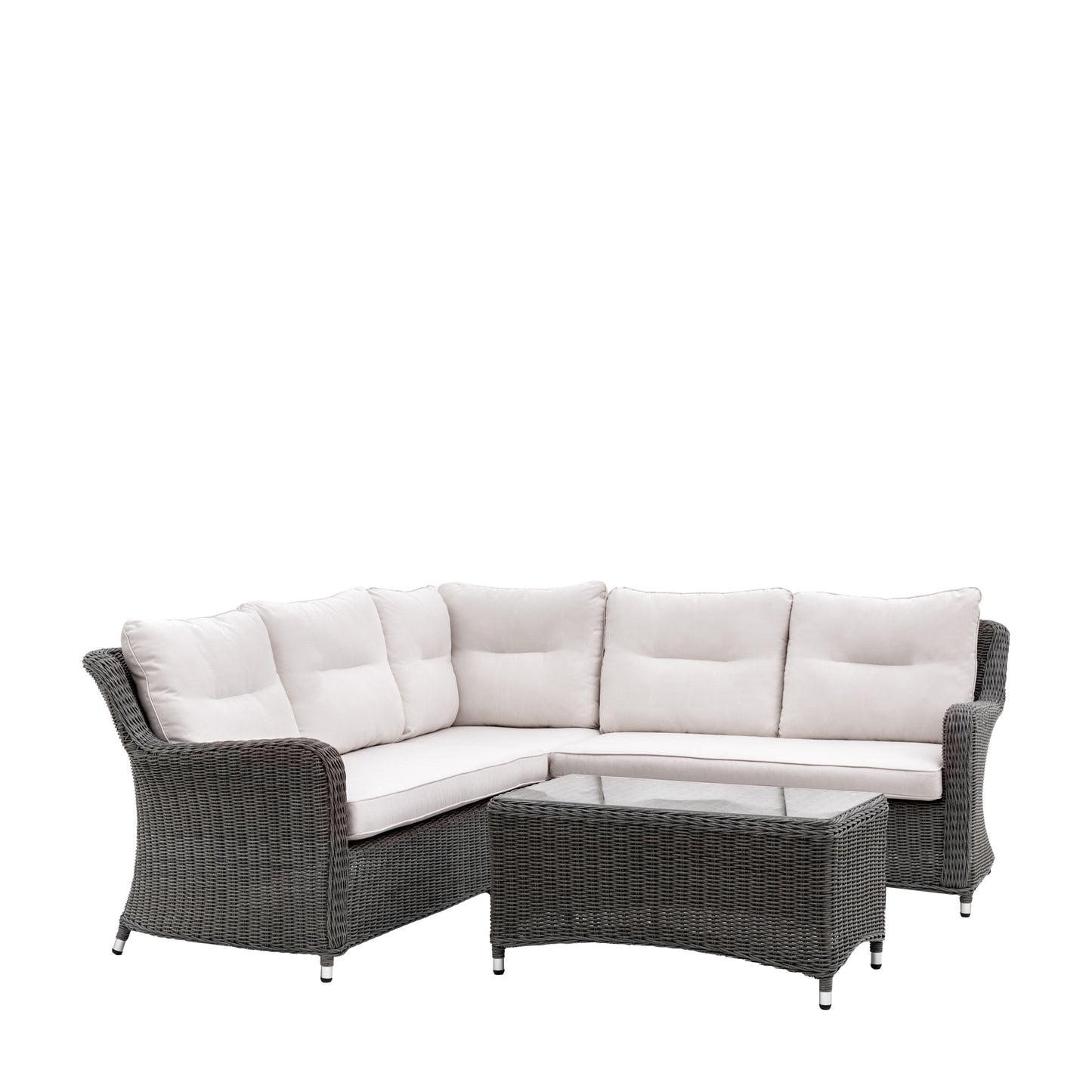 Gallery Garden Windsor Corner Lounge Set features a durable wicker construction with sumptuous cushioning and a glass topped coffee table
