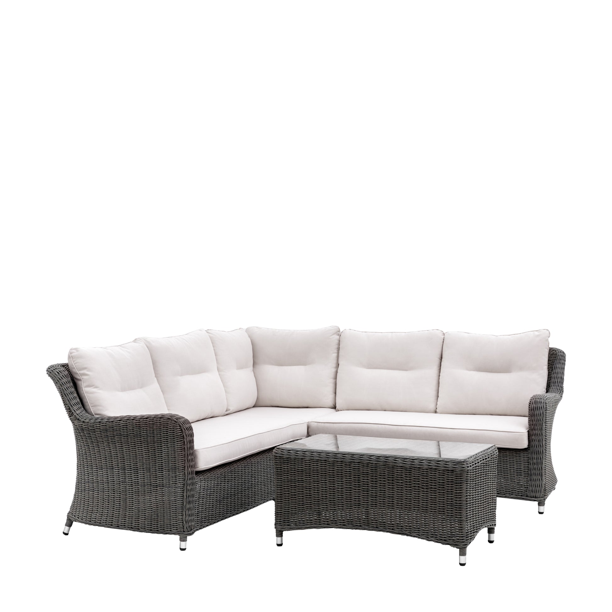 Gallery Garden Windsor Corner Lounge Set features a durable wicker construction with sumptuous cushioning and a glass topped coffee table