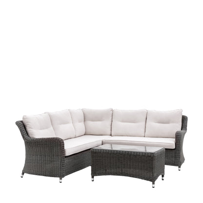 Gallery Garden Windsor Corner Lounge Set features a durable wicker construction with sumptuous cushioning and a glass topped coffee table