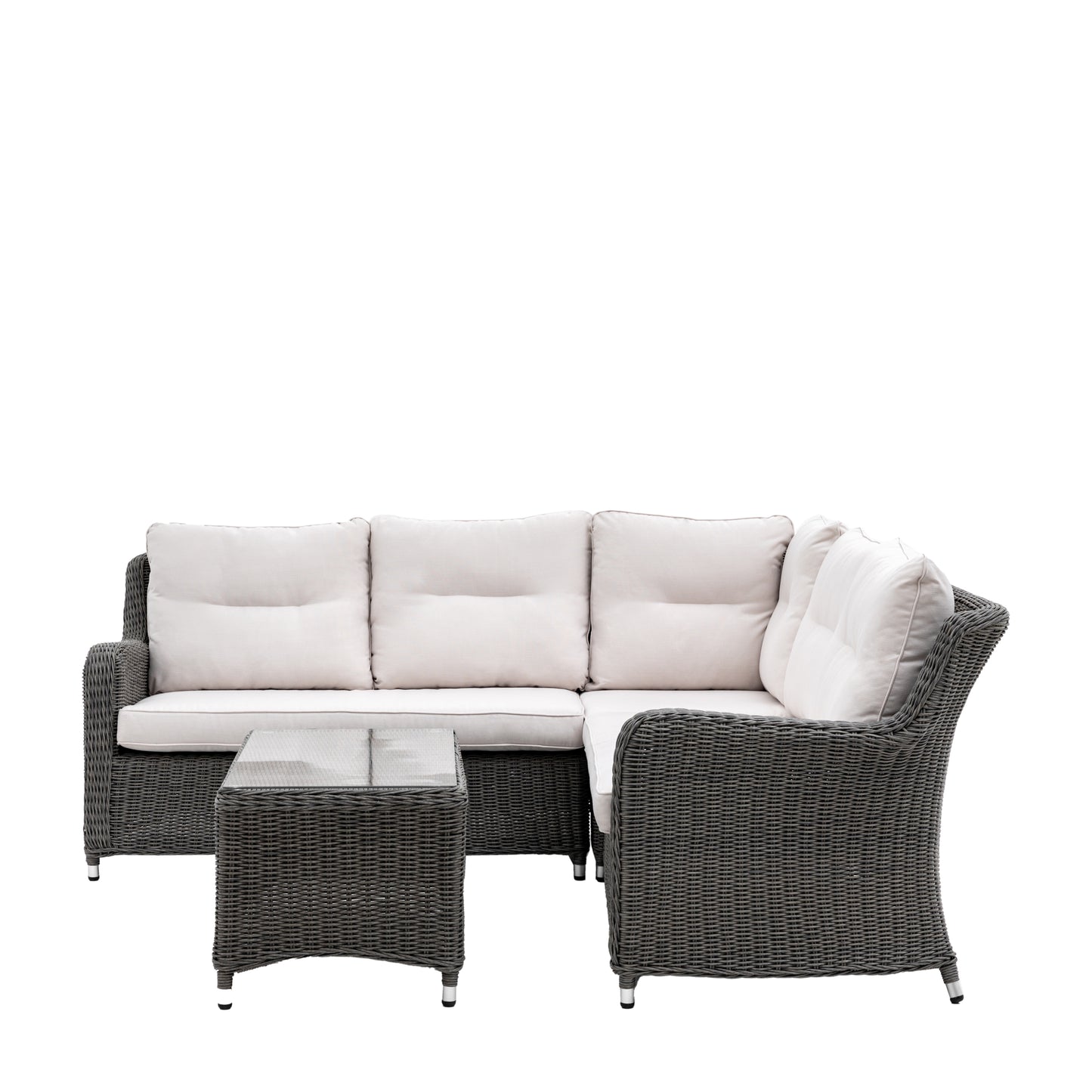 Gallery Garden Windsor Corner Lounge Set constructed from durable PE wicker with sumptuous seat and back cushions, with a glass top matching coffee table