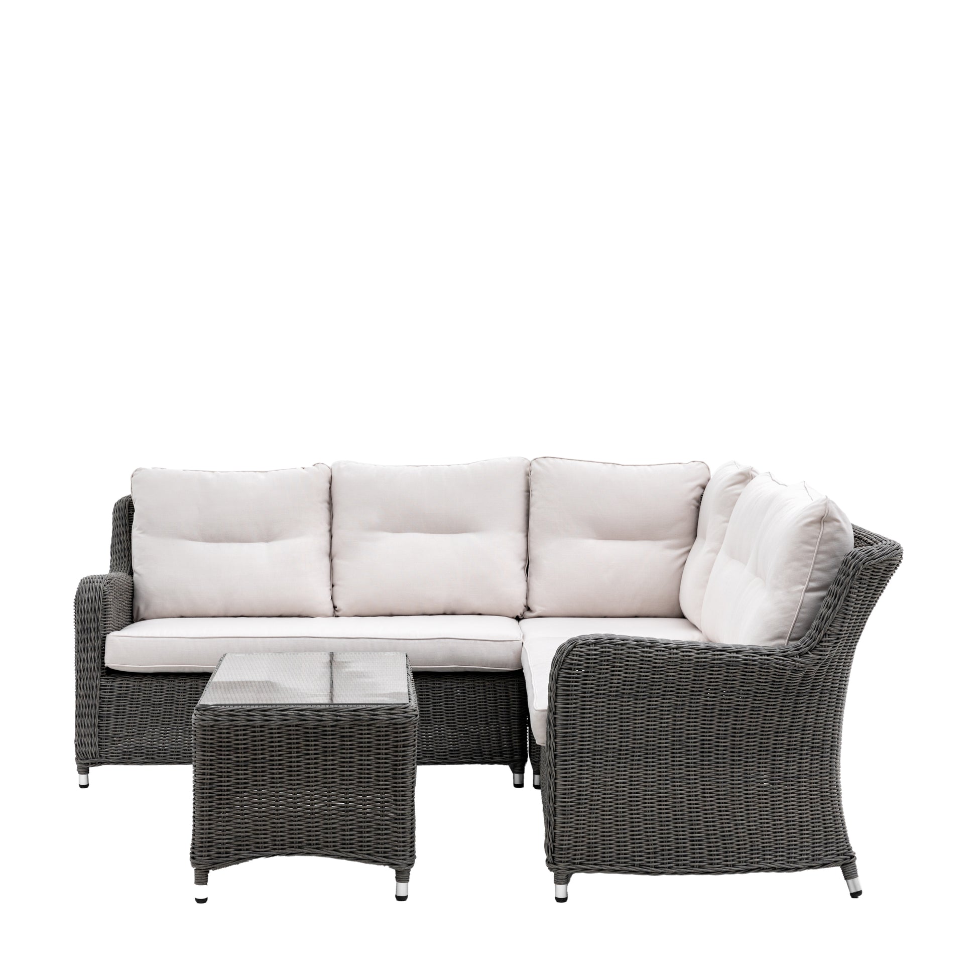 Gallery Garden Windsor Corner Lounge Set constructed from durable PE wicker with sumptuous seat and back cushions, with a glass top matching coffee table
