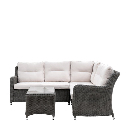 Gallery Garden Windsor Corner Lounge Set constructed from durable PE wicker with sumptuous seat and back cushions, with a glass top matching coffee table