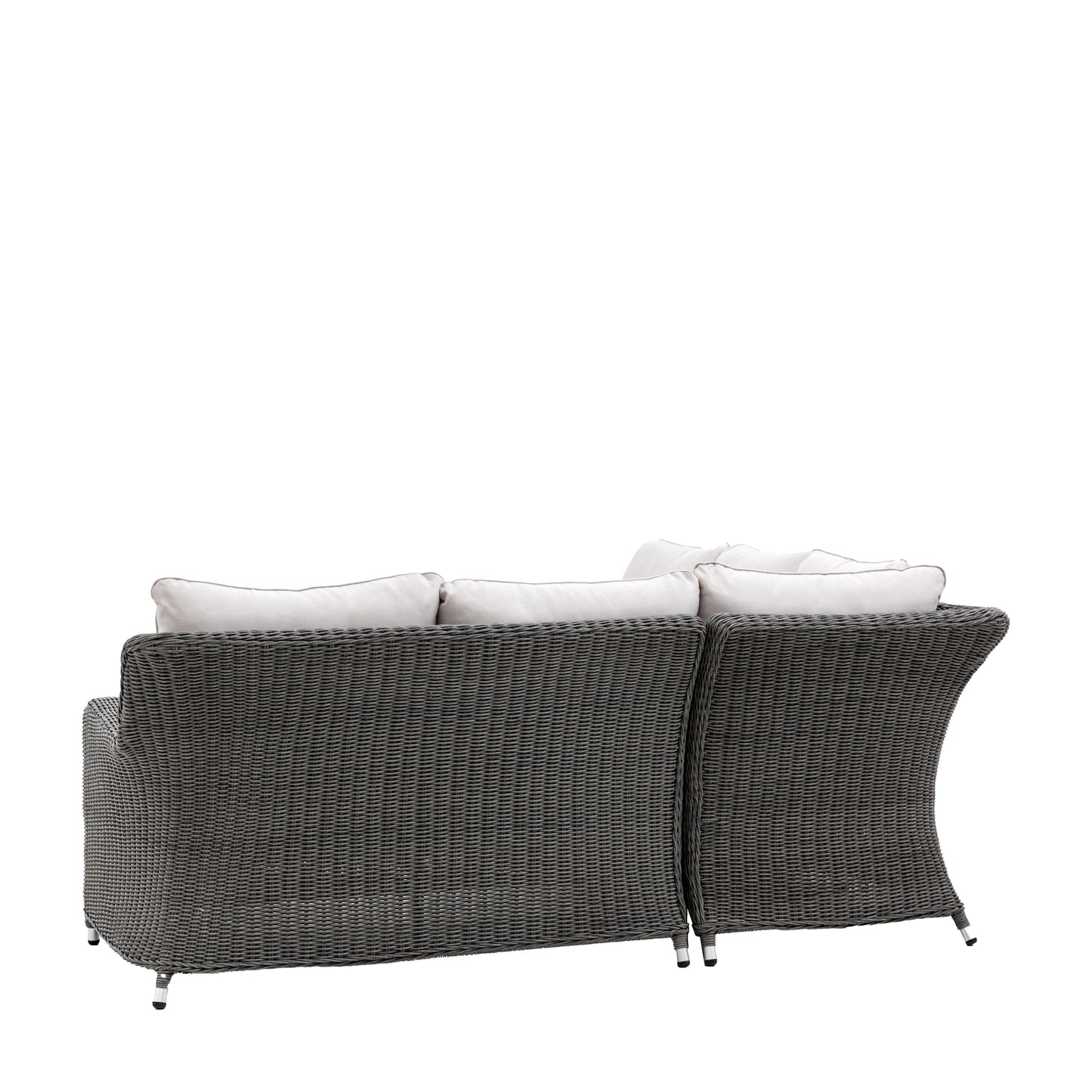 Gallery Garden Windsor Corner Lounge Set comprises of a left sofa, a right sofa and a corner section in PE grey toned wicker, with natural padded cushions