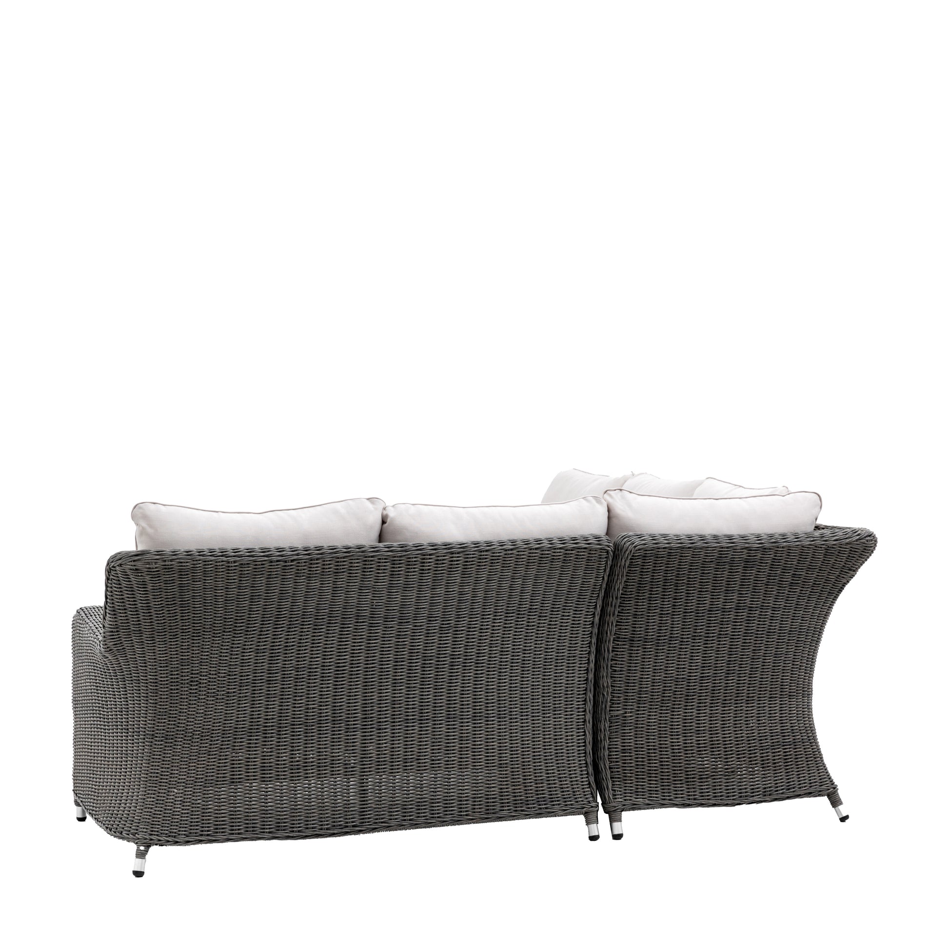 Gallery Garden Windsor Corner Lounge Set comprises of a left sofa, a right sofa and a corner section in PE grey toned wicker, with natural padded cushions