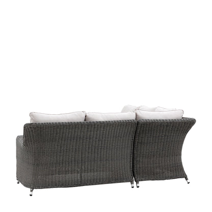 Gallery Garden Windsor Corner Lounge Set comprises of a left sofa, a right sofa and a corner section in PE grey toned wicker, with natural padded cushions