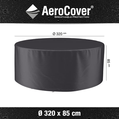 Garden Set Aerocover Round Furniture Cover measures 320cm x 320cm x 85cm and is made from a breathable water resistant fabric that helps prevent mold and mildew accumulation 