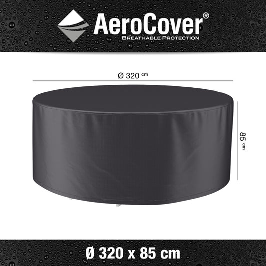 Garden Set Aerocover Round Furniture Cover measures 320cm x 320cm x 85cm and is made from a breathable water resistant fabric that helps prevent mold and mildew accumulation 