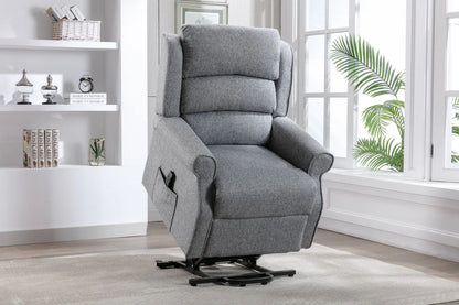 Global Furniture Alliance Andover Riser Recliner Chair with a dual motor for easy rise, lift and recline options. Upholstery in a soft tactile grey material for enhanced comfort and support
