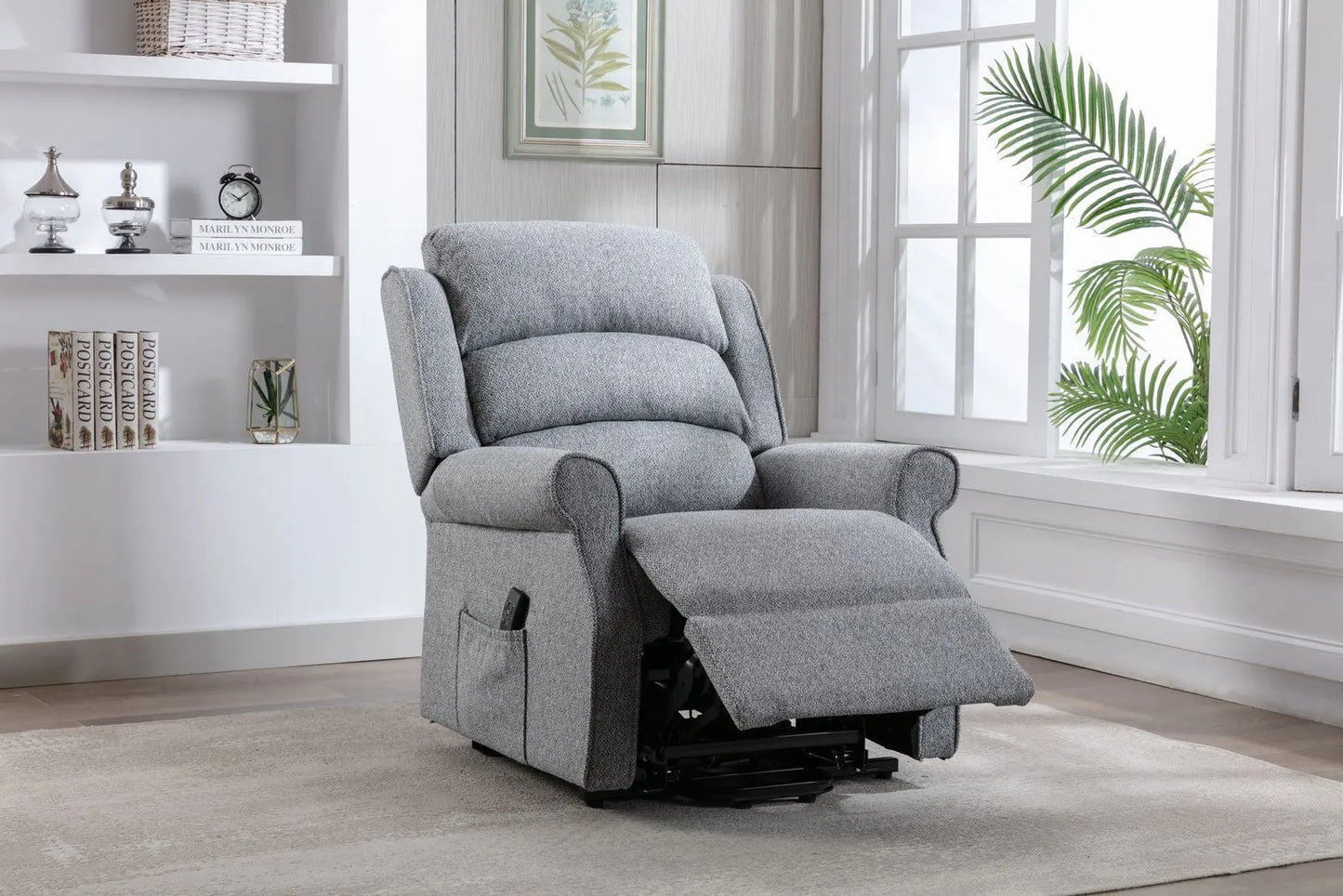 Global Furniture Alliance Andover Dual Motor Riser Recliner Chair features an integrated footrest operated with a remote handset, and upholstered in a soft touch Grey fabric