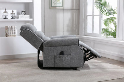 Global Furniture Alliance Andover Dual Motor Riser Recliner Chair in Grey plush tactile fabric with a remote handset to operate the rise, lift and recline functions