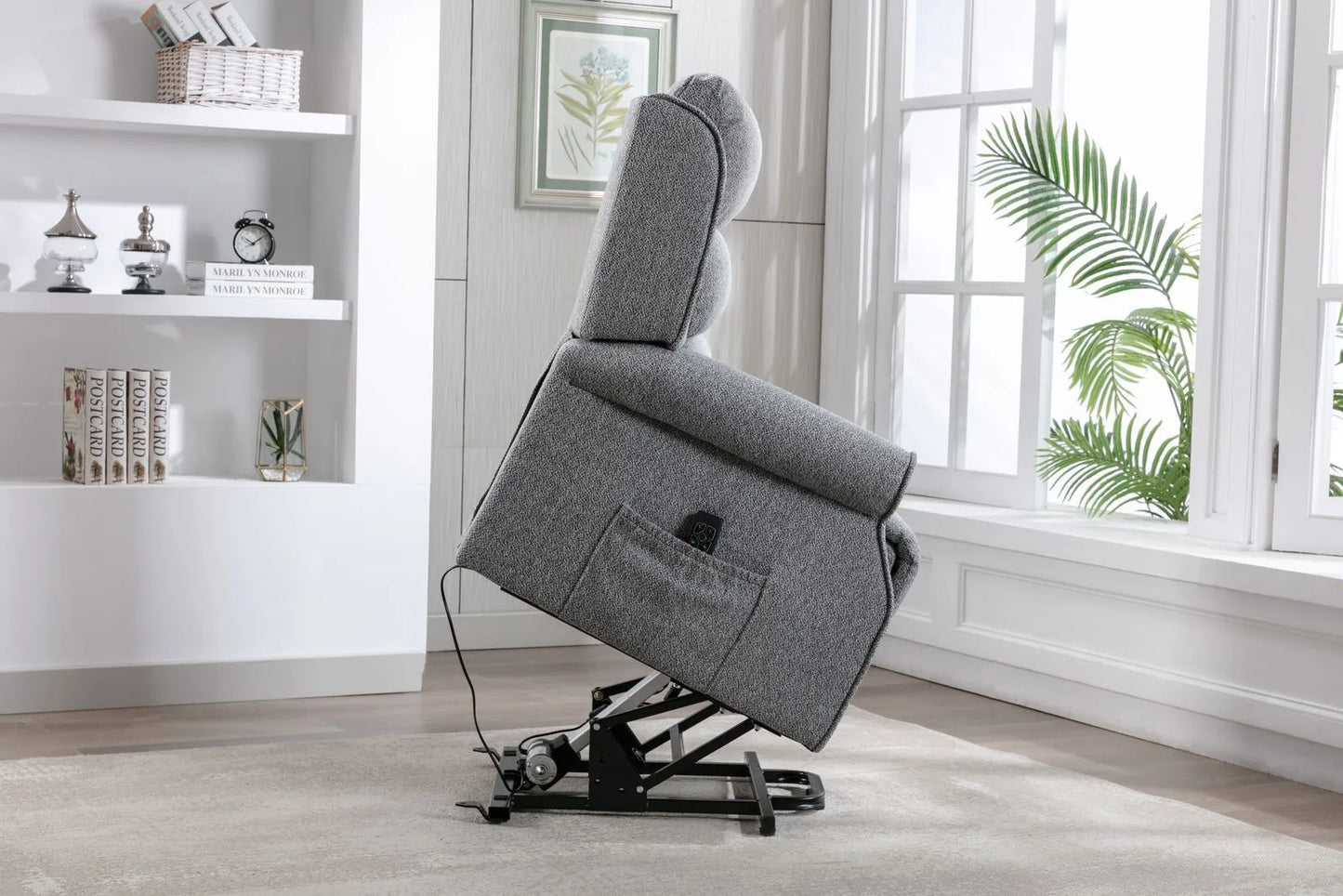 Global Furniture Alliance Andover Riser Recliner Chair in a plush Grey tactile fabric with piped scroll arm detailing, featuring a dual motor with lift, rise and recline functions, operated with a remote handset