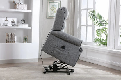 Global Furniture Alliance Andover Riser Recliner Chair in a plush Grey tactile fabric with piped scroll arm detailing, featuring a dual motor with lift, rise and recline functions, operated with a remote handset
