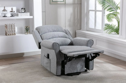 Global Furniture Alliance Andover Dual Motor Riser Recliner Chair in Grey soft touch fabric, with an integrated footrest and remote handset for easy lift, rise and recline options