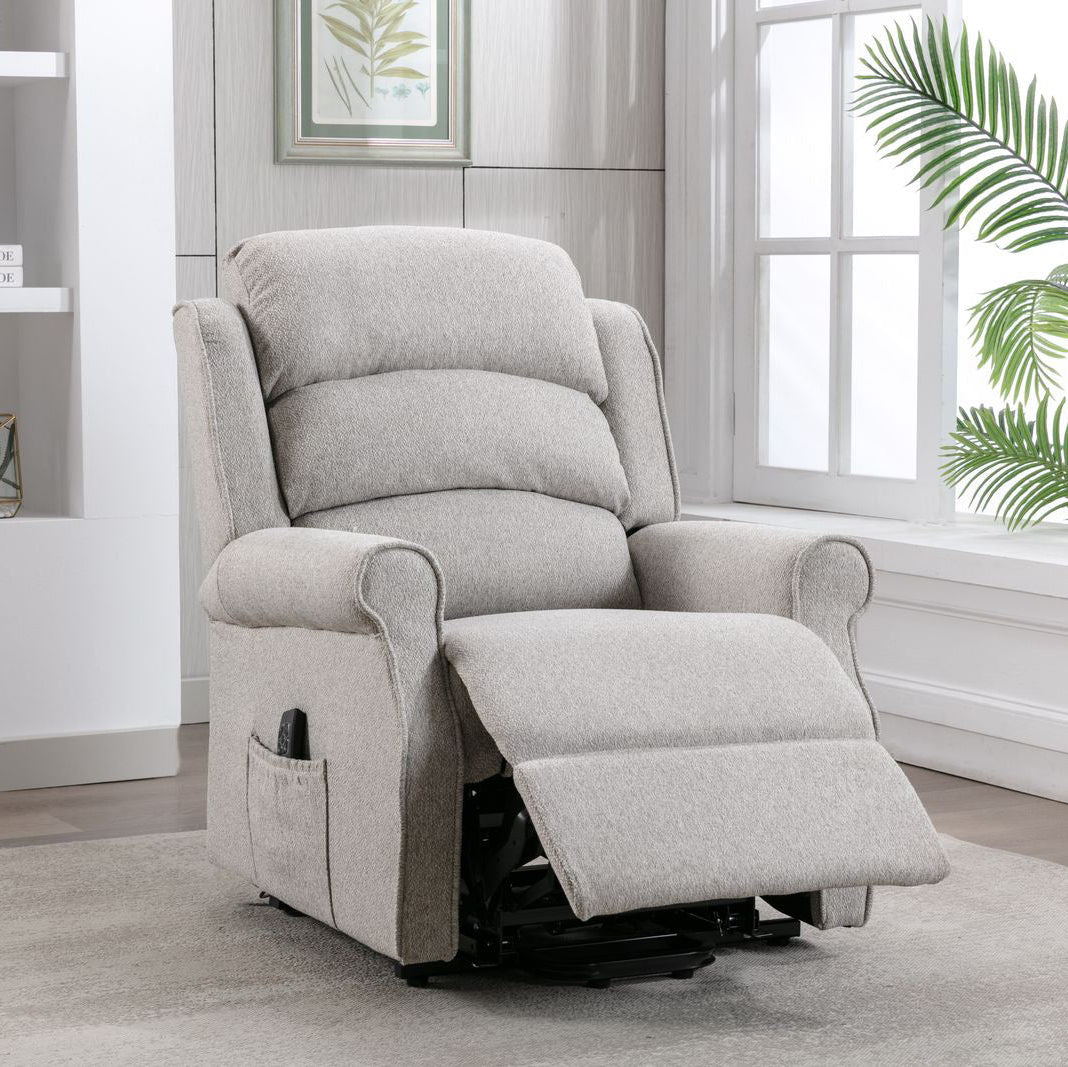 Global Furniture Alliance Andover Riser Recliner Chair in Linen Fabric has an integrated footrest operated with a remote handset