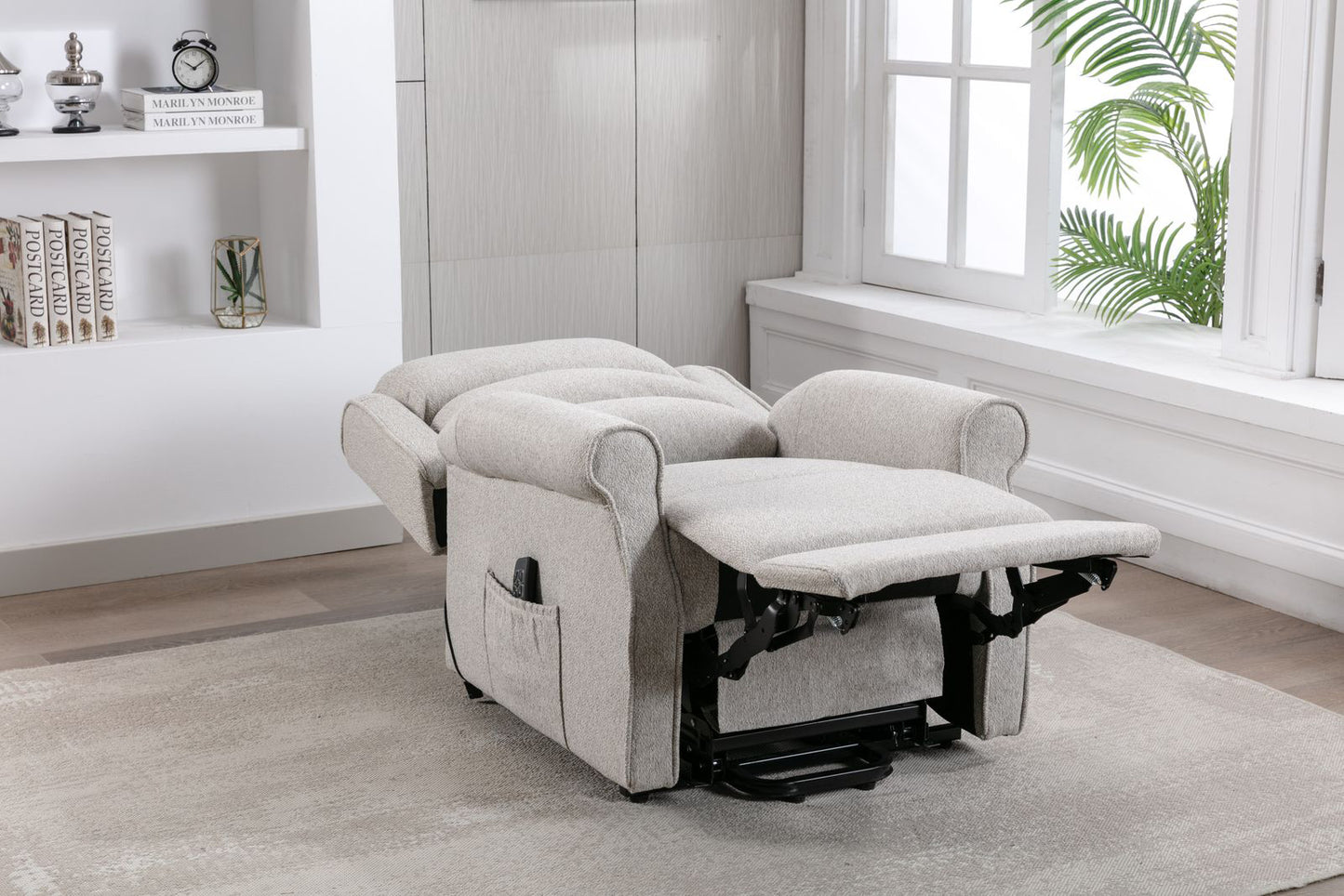 Global Furniture Alliance Andover Dual Motor Riser Recliner Chair in Linen Fabric includes, lift, rise and recline functions controlled with a remote handset