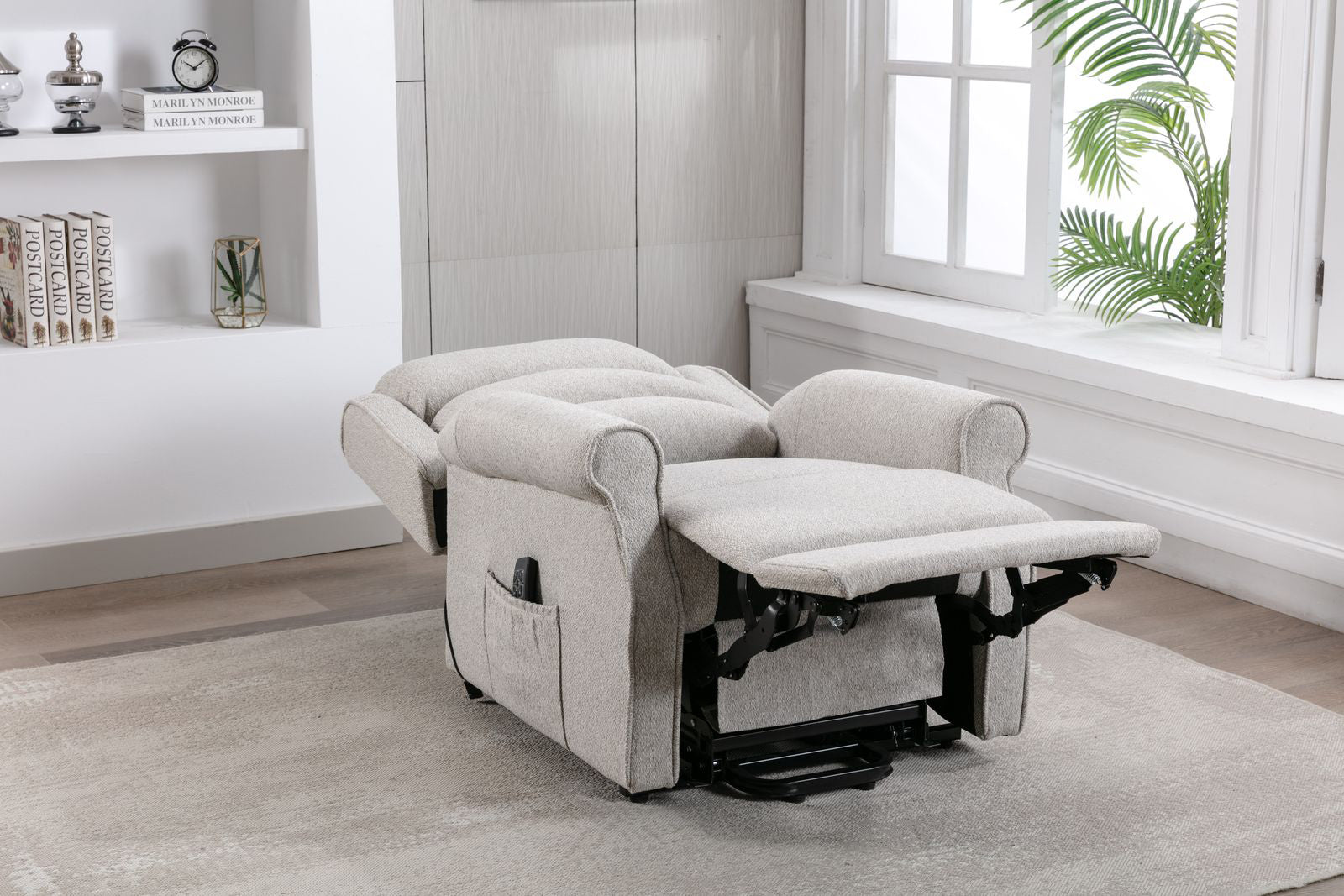Global Furniture Alliance Andover Dual Motor Riser Recliner Chair in Linen Fabric includes, lift, rise and recline functions controlled with a remote handset