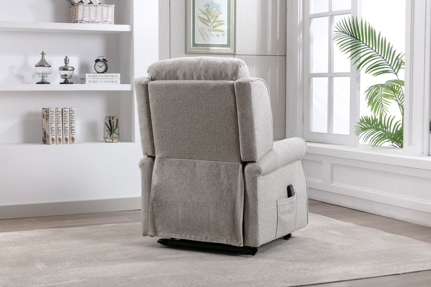 Global Furniture Alliance Andover Riser Recliner Chair in a plush tactile Linen Fabric with a piped scroll arm and side pocket