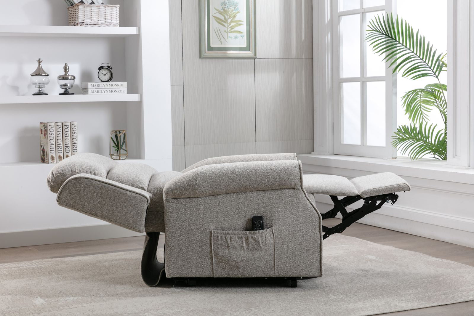 Global Furniture Alliance Andover Dual Motor Riser Recliner Chair in Linen Fabric with lift, rise and recline functions operated by a remote handset