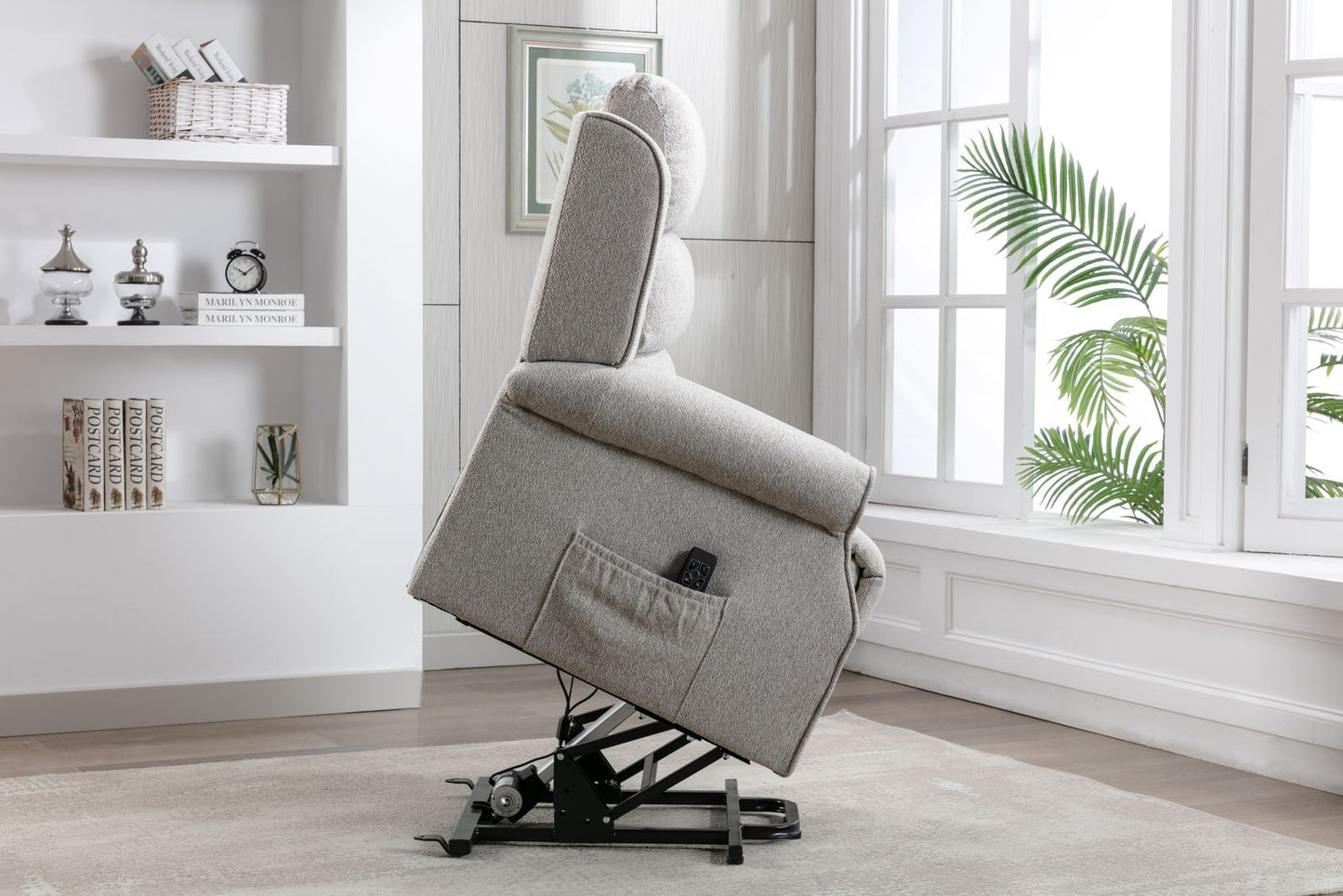 Global Furniture Alliance Andover Riser Recliner Chair in Linen Fabric, has a dual motor with lift, rise and recline functions with a remote handset