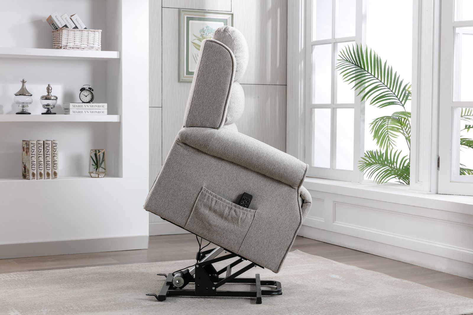 Global Furniture Alliance Andover Riser Recliner Chair in Linen Fabric, has a dual motor with lift, rise and recline functions with a remote handset