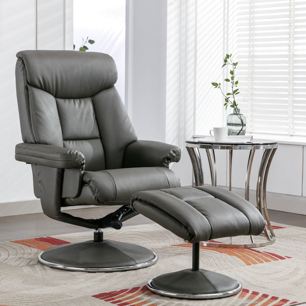 Global Furniture Alliance Biarritz Swivel Recliner Chair and footstool in Cinder faux leather upholstery