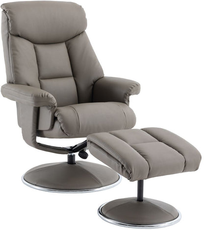 Global Furniture Alliance Biarritz chair and footstool in Grey faux leather, with a swivel and recliner mechanism