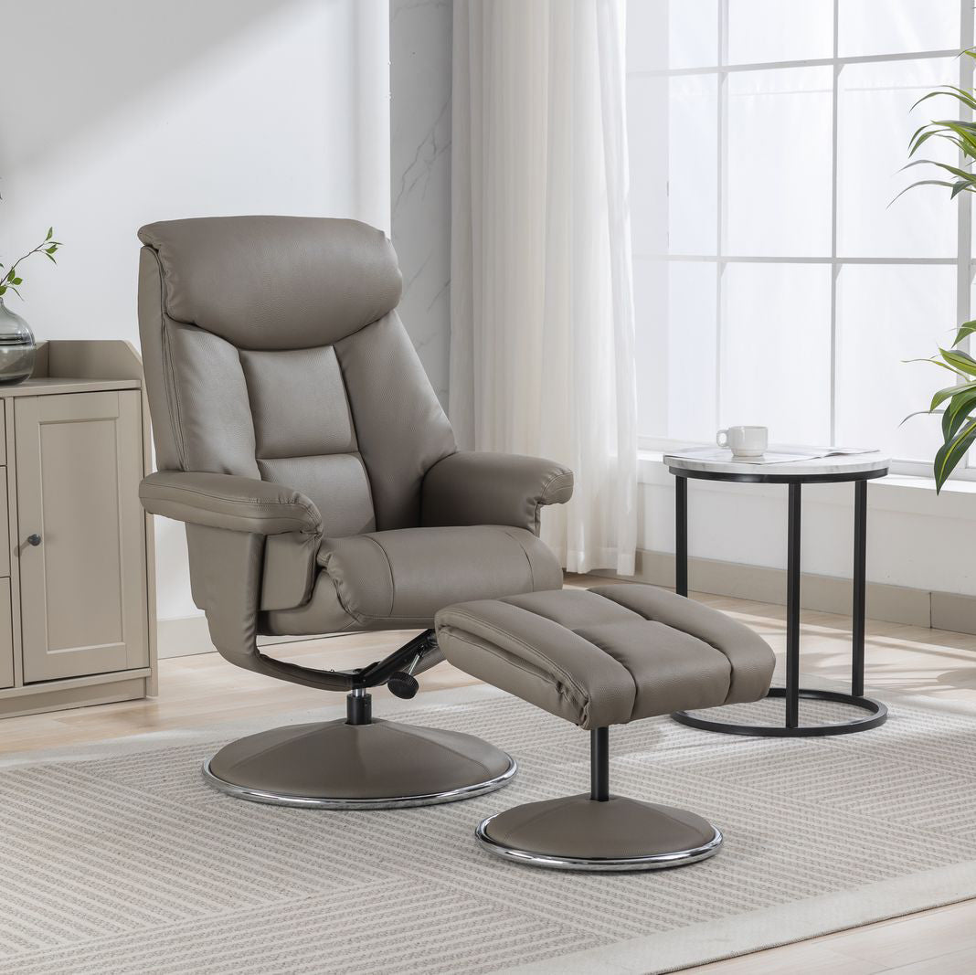 Global Furniture Alliance Biarritz Swivel Recliner Chair and matching footstool, in a plush grey faux leather upholstery