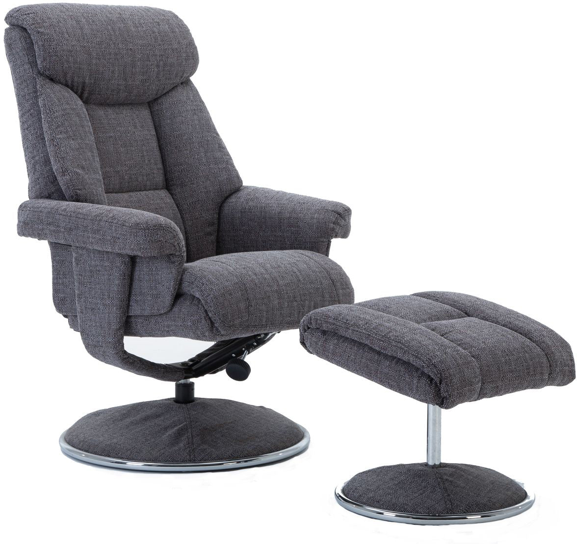 Global Furniture Alliance Biarritz chair and footstool in Lisbon Grey colour fabric with a swivel and recliner mechanism