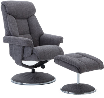 Global Furniture Alliance Biarritz chair and footstool in Lisbon Grey colour fabric with a swivel and recliner mechanism