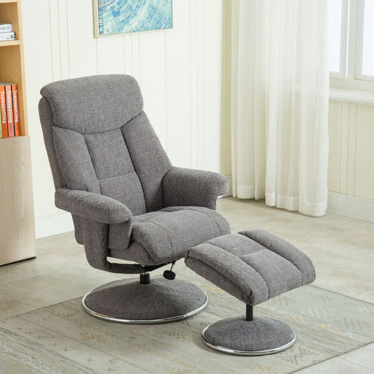 Global Furniture Alliance Biarritz Swivel Recliner Chair and footstool upholstered in Lisbon Grey soft touch fabric