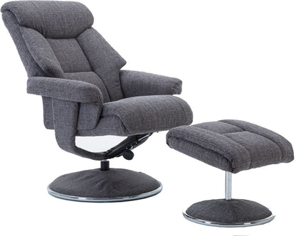 Global Furniture Alliance Biarritz Swivel and Recliner Chair with matching footstool in Lisbon Grey coloured fabric