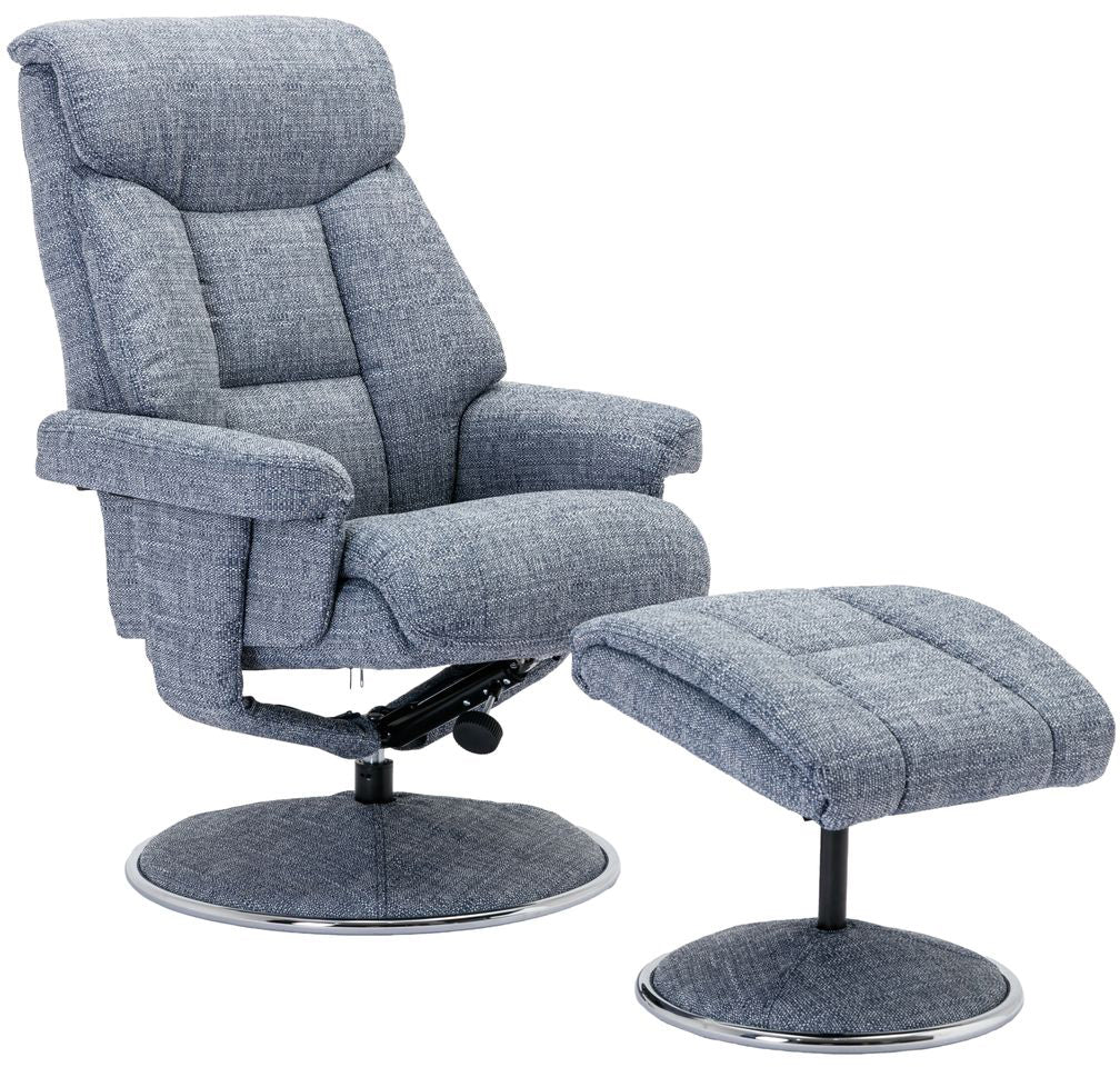 Global Furniture Alliance Biarritz chair and footstool in Lisbon Marine blue colour, features a swivel and recliner mechanism