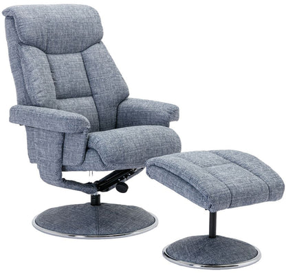 Global Furniture Alliance Biarritz chair and footstool in Lisbon Marine blue colour, features a swivel and recliner mechanism