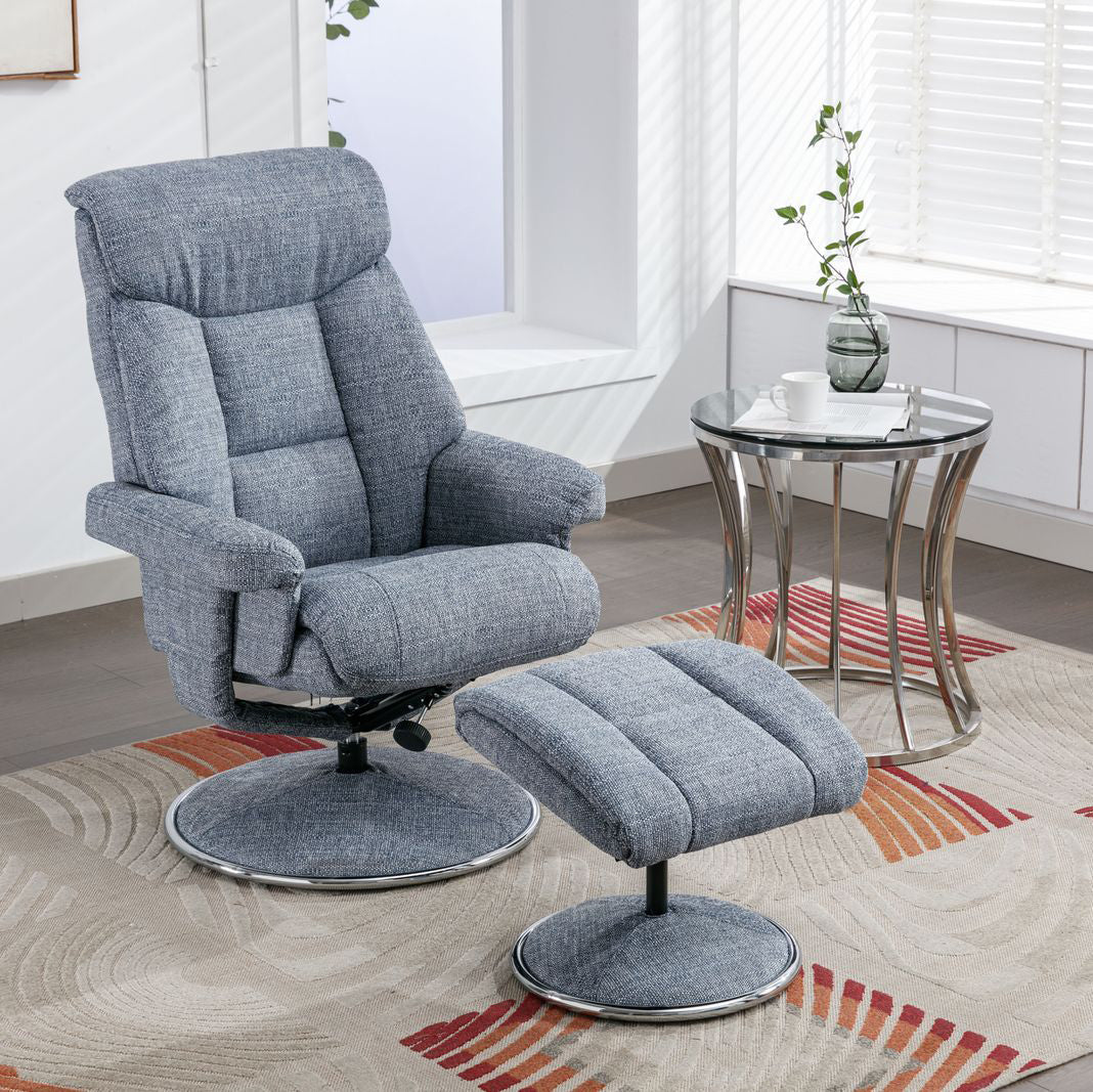Global Furniture Alliance Biarritz Swivel Recliner Chair and matching footstool in Lisbon Marine blue fabric
