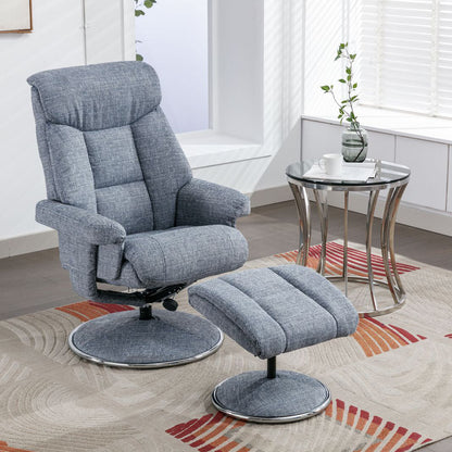 Global Furniture Alliance Biarritz Swivel Recliner Chair and matching footstool in Lisbon Marine blue fabric