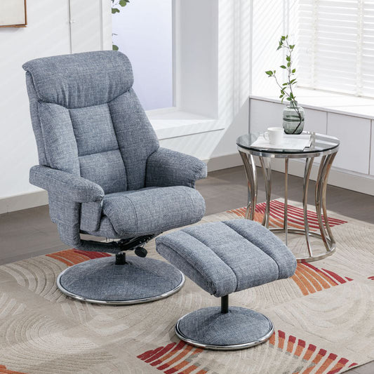 Global Furniture Alliance Biarritz Swivel Recliner Chair and matching footstool in Lisbon Marine blue fabric