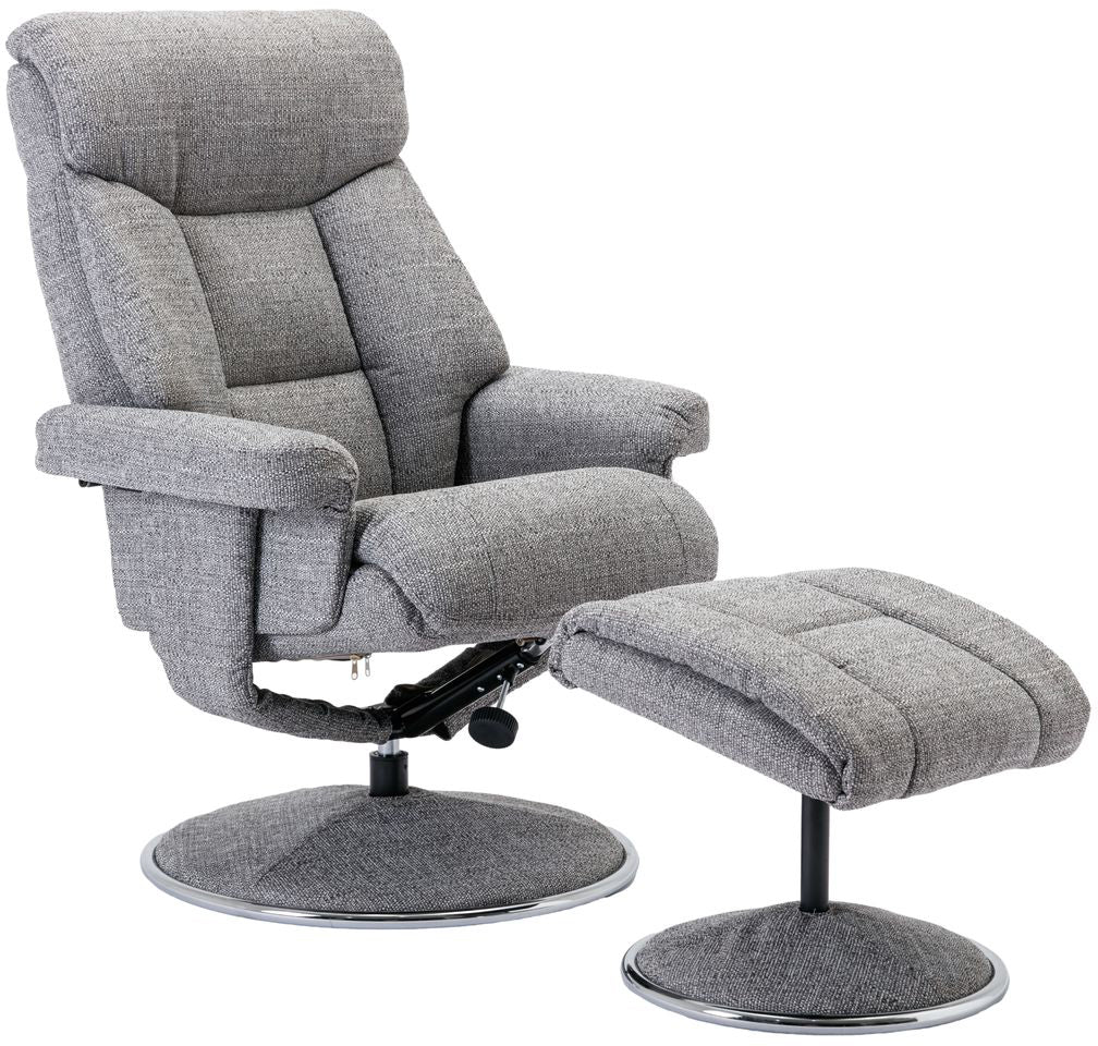 Global Furniture Alliance Biarritz chair and footstool upholstered in Lisbon Rock, with a swivel and recliner mechanism