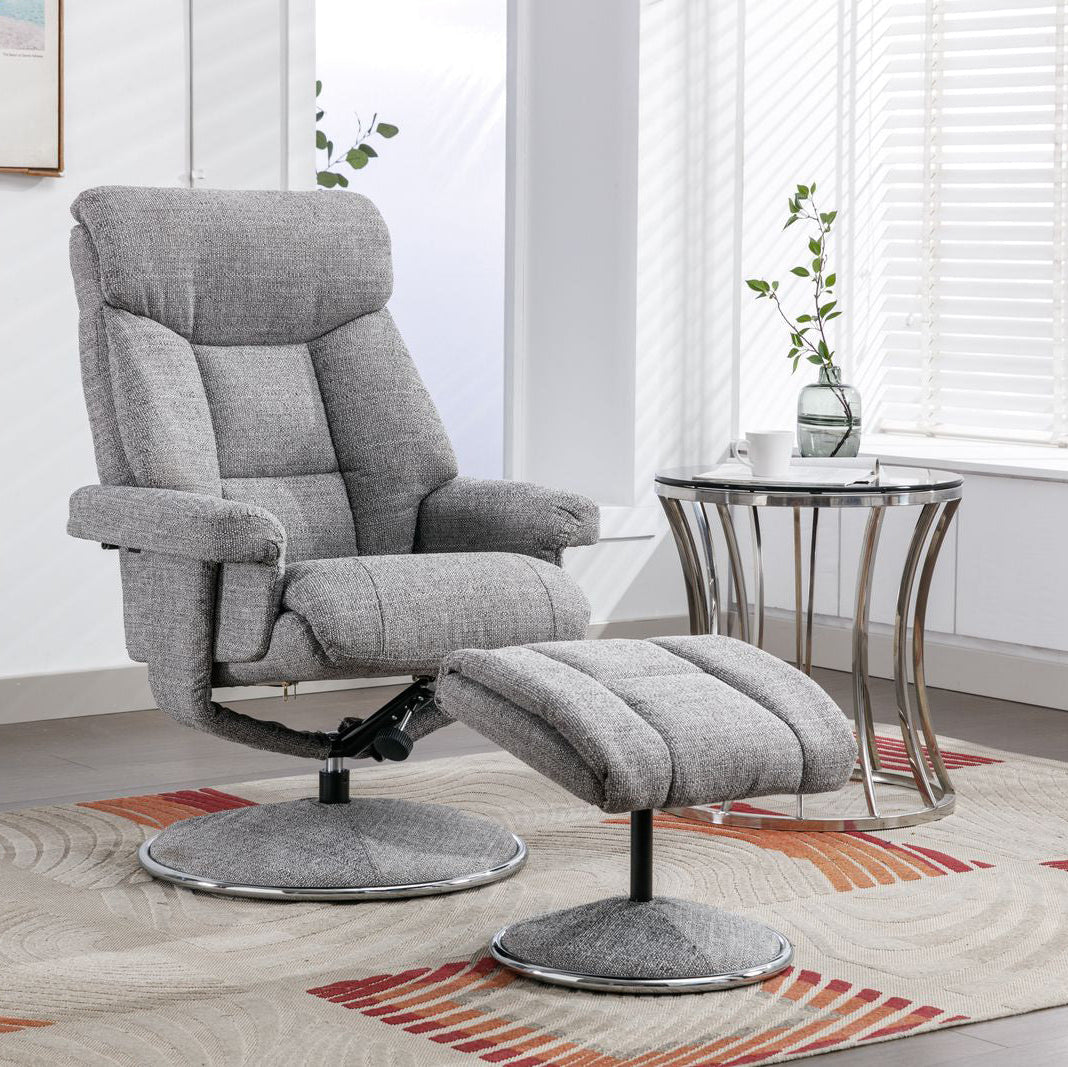 Global Furniture Alliance Biarritz Swivel Recliner Chair and matching footstool in Lisbon Rock fabric