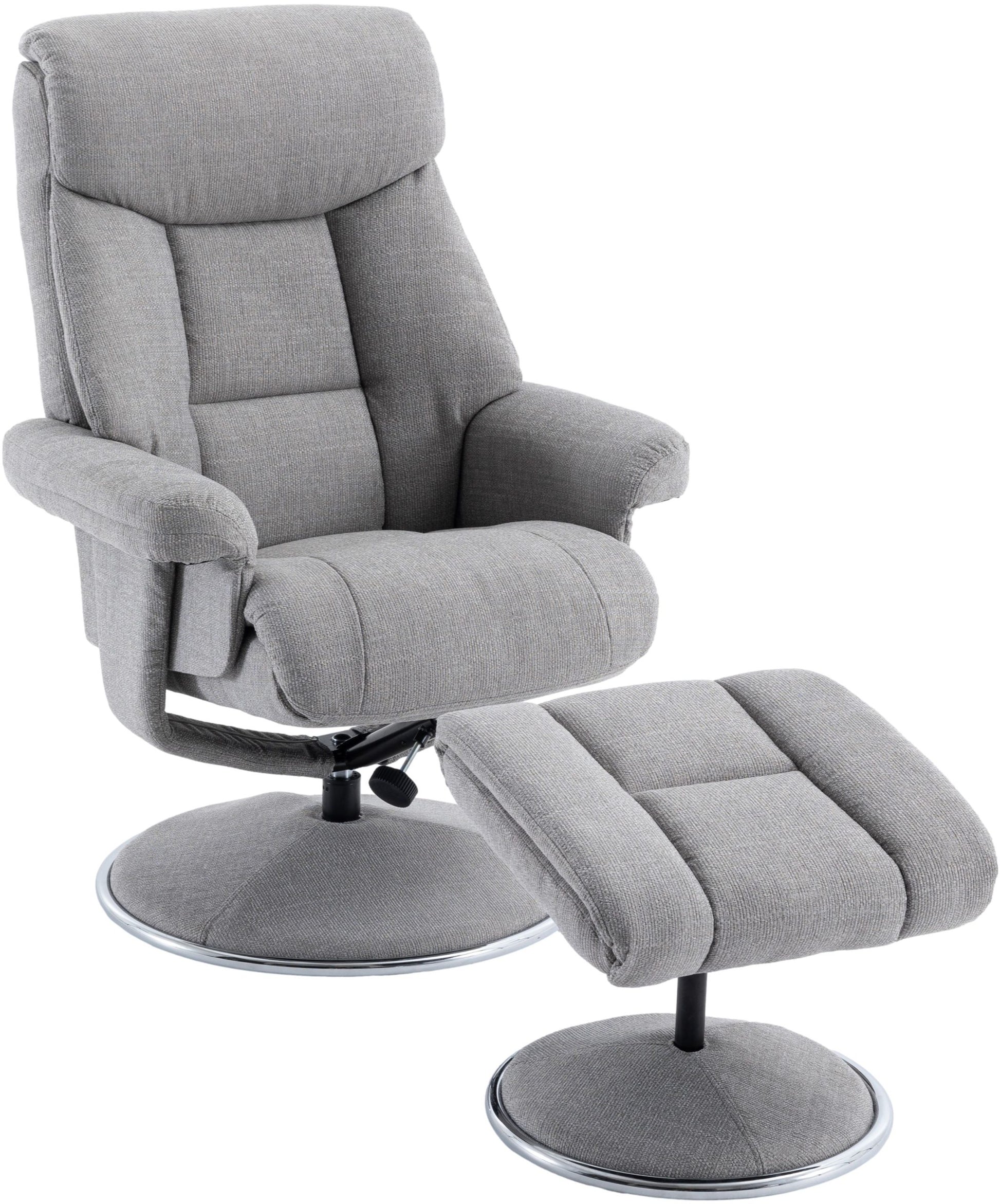 Global Furniture Alliance Biarritz Swivel Recliner Chair in Lisbon Silver coloured upholstery, with a matching footstool